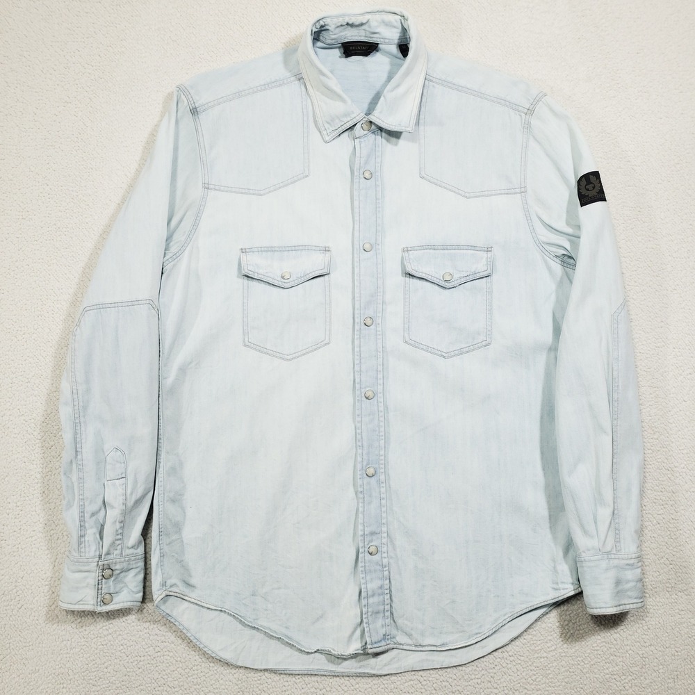 Belstaff Chambray Shirt Mens Medium Light Wash Blue Western Pearl Snap Denim